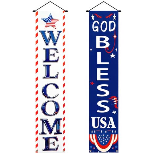 Image of BlissYard 2Pcs Welcome Patriotic Door Banner 4th of July Decorations American Banners Hanging Porch Signs Decor for Independence Memorial Day Veterans Labor Day for Yard Indoor Outdoor Supplies