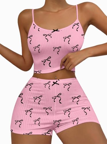 Image of Hilinker Womens Graphic 2 Piece Pajama Set Summer Cute Crop Cami and Shorts Ribbed Lounge Sets