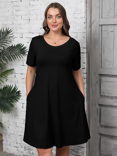 Image of AusLook Plus Size Midi Dress for Women Loose V Neck Short Sleeve Summer Casual A Line T Shirt Sundresses with Pockets 1X-5X