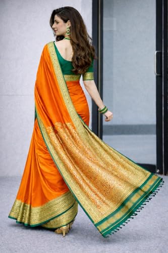 Image of Women's Glory Banarasi Satin Silk Saree with Rich Zari Woven Border & Pallu | Soft Glossy Party Fancy Traditional Saree for Wedding, Festive, Function | Blouse Piece Included