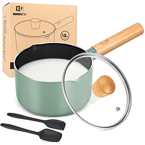 1,8 Quart Stielkasserolle Set mit Deckel, antihaftbeschichtet, kleiner Saucentopf, induktionskompatible Aluminium-Kochtöpfe mit Silikonspateln für Nudeln, Ei, Reis, Milch, Suppe (Grün) Cover