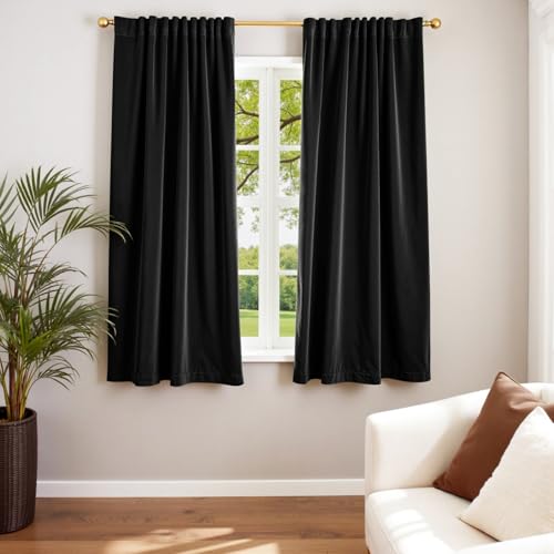 Image of Blackout Black Velvet Curtains Rod Pocket 52x63 Inch 2 Panels | Soft Velvet, For Small Windows, Kitchens & Bathrooms, Light Shifting Texture, Elegant Drape, Classic