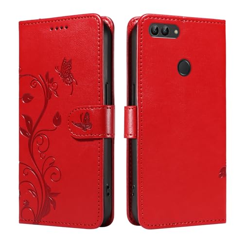 XFDSFDL® Custodia per Huawei P Smart FIG-LX1/LX2/LX3 (5,65 pollici) PU Pelle Custodia Flip Cover Mandordiolo Modello con Supporto Cordino Chiusura Portafoglio Goffratura Custodia Protettiva Rosso