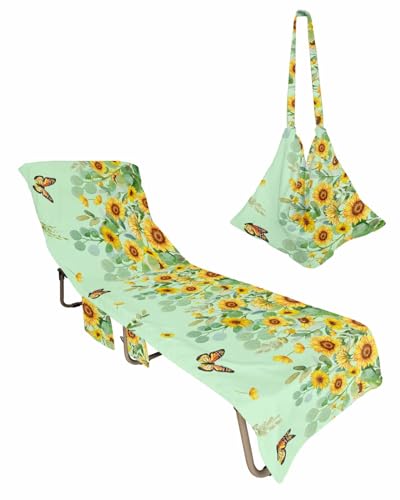 Green Sunflower Beach Chair Cover with Side Pockets, Microfiber & Quick Dry Pool Chaise Lounge Chair Towels Covers for Sun Sunbathing Patio Garden Hotel, Botanical Eucalyptus Leaves Watercolor