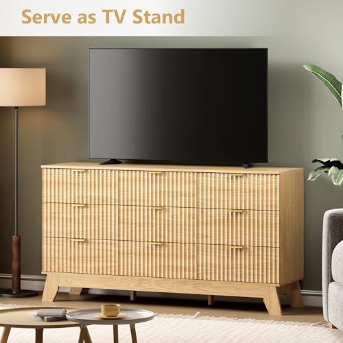 Image of Wodeer 9 Drawer Fluted Dresser for Bedroom, Mid Century Modern Wooden Dresser with 9 Drawers, Dressers & Chests of Drawers with Metal Handle, TV Stand & Storage Organizer for Entryway, Hallway, Oak
