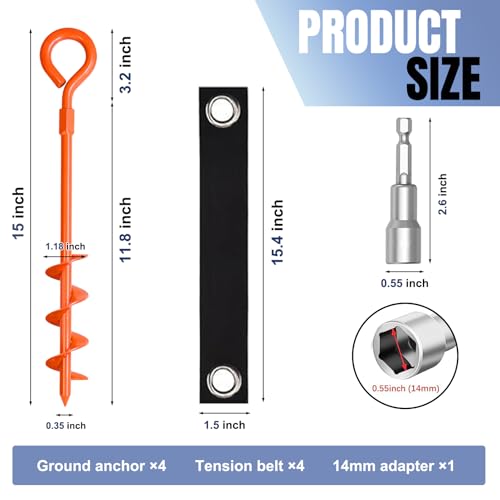 Image of Eurmax USA Trampoline Stakes Screw in Tent Stakes Parts Heavy Duty for Canopies,4-Pack Outdoor Anchor Kit with Straps(Orange)