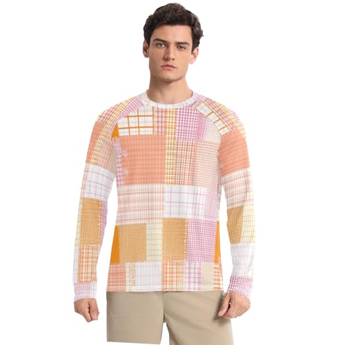 Herringbone Houndstooth Checked Orange Pink Jellyfishs Men's Rash Guard Breathable Comfort UV Sun Protection Shirts Running