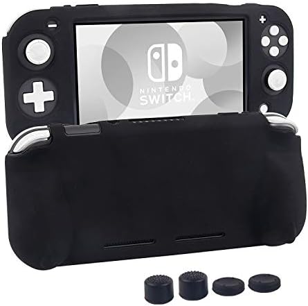 Silicone Protective Case for Nintendo Switch Lite, Soft Grip Case Cover with Comfort Ergonomic Handles for Nintendo Switch Lite 2019 [Self Stand][4 Thumb Stick Caps] (Black)