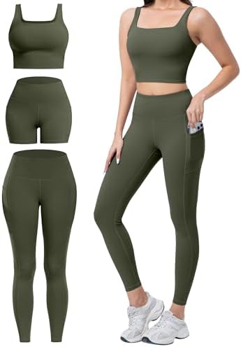 3 Piece Workout Sets for Women High Waisted Leggings with Pockets...