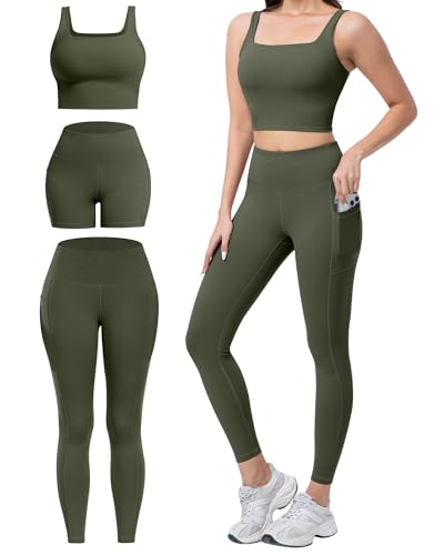 SALSPOR 3 Piece Workout Sets for Women High Waisted Leggings with Pockets Tummy Control Biker Shorts Yoga Sports Bra(3YFTZ-Army Green-S)
