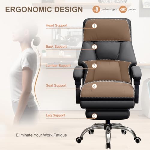 Image of Office Chair with Retractable Footrest Comfortable Executive Desk Chair, Heavy-Duty Ergonomic Leather Chair, Adjustable Height Computer Gaming Chairs for Home Office