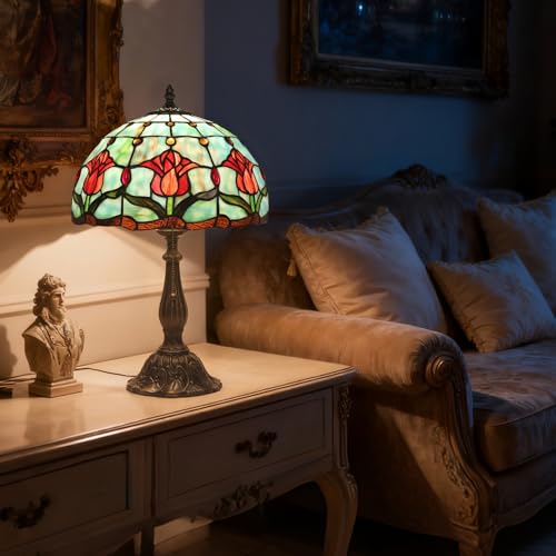TFNTCYG Stained Glass Tulip Table Lamp, Vintage Tiffany Style Reading Light, 12x12x19 Inch Antique Art Glass Desk Lamp for Home Office Bedroom Decor by TFNTCYG - Used condition - Image 7