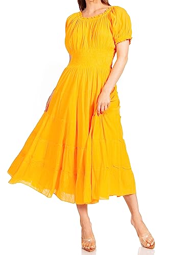Image of Sakkas Cotton Crepe Smocked Peasant Gypsy Boho Renaissance Mid Length Dress