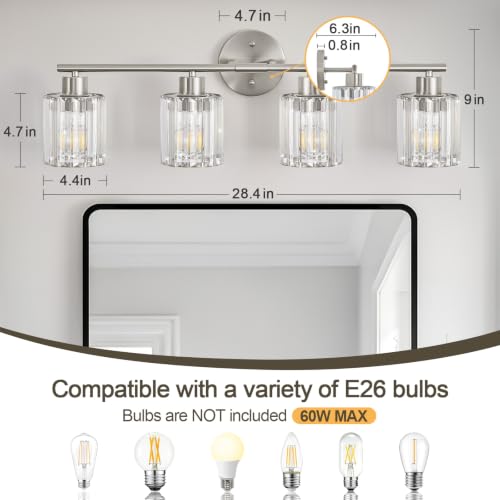 Image of Modern Brushed Nickel Crystal Bathroom Light Fixtures,4-Light
