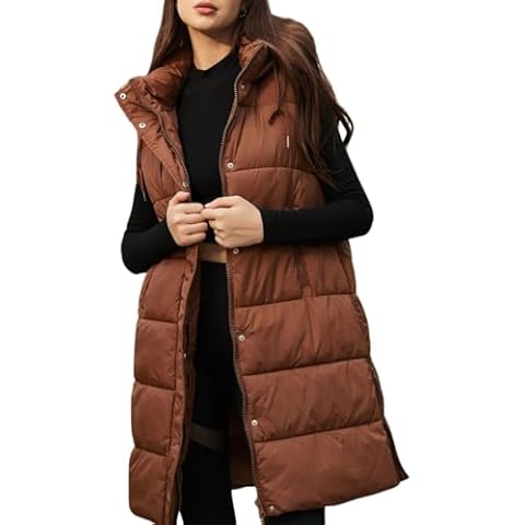 PUWEI Long Puffer Vest Women Quilted Hooded Vest Padded Sleeveless Coat Jackets With Pockets(2930-Brown-L) Cover