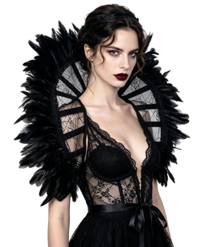 Feather Lace Shoulder Cape Gothic Stand up Collar for Halloween (Black) - image 1