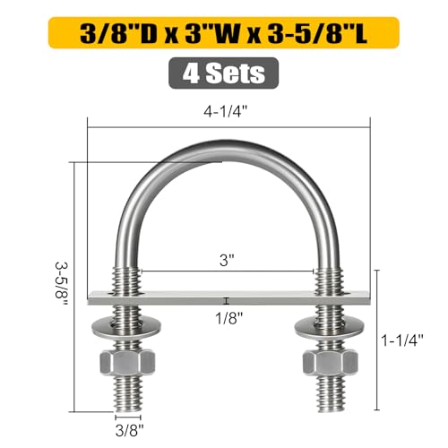 Image of 4 Sets Round U Bolts, u-Bolts 3 Inch Wide, 304 Stainless Steel U Bolt,with Nuts,Bolt Plate and Washers for Boat Trailer Tube(3 /8 inch D x 3 inch W x 3-5 /8 inchL)