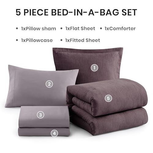 Image of Monbix Twin XL Comforter Set Italian Plum, Cationic Dyeing Bedding Set Reversible 5 Pieces, All Season Bed in a Bag with Comforter, Sheets, Pillowcase & Sham