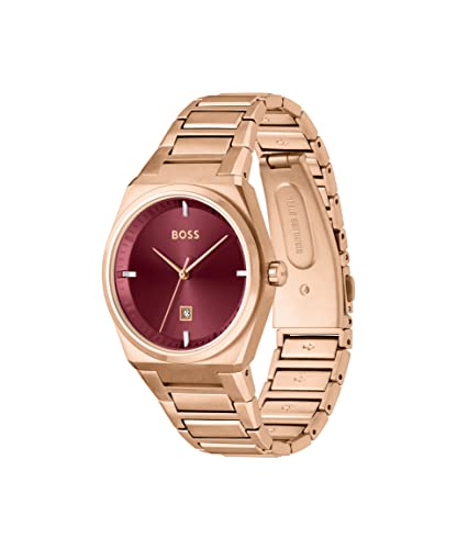Image of BOSS Steer Qtz Basic Calendar Red Tonneau Dial Women's Watch|Ionic Plated Carnation Gold Steel Material|Gold Color Band - 1502671