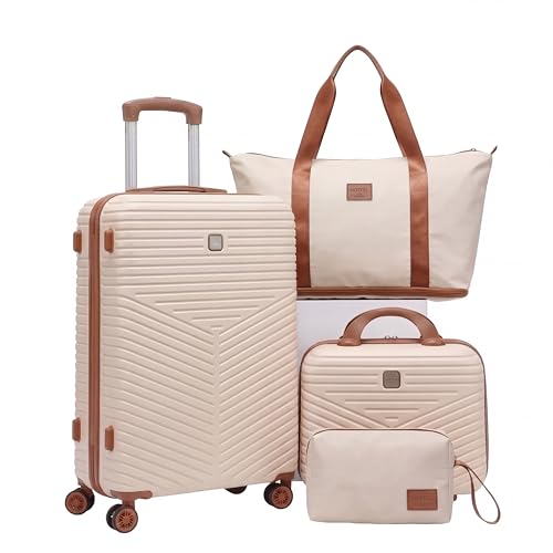 Image of Hoteel luggage Sets 4 Piece Carry on Luaagae Suitcases with Spinner Whells & TSA Lock (4-YEAR WARRANTY), Carry on Suitcase ABS+PC Hard Shell Lightweight Travel Suitcases(13in /20in /DB /TB, Beige)