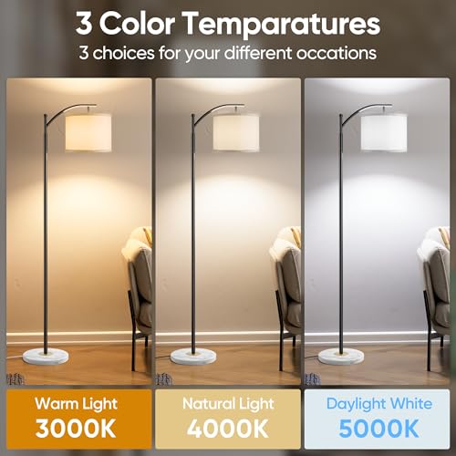 Image of Floor Lamp for Living Room with Marble Base, Modern Standing Lamp with 3 Color Temperatures Bulb & Adjustable Linen Shade, Tall Lamp for Bedroom Office Reading Nursery