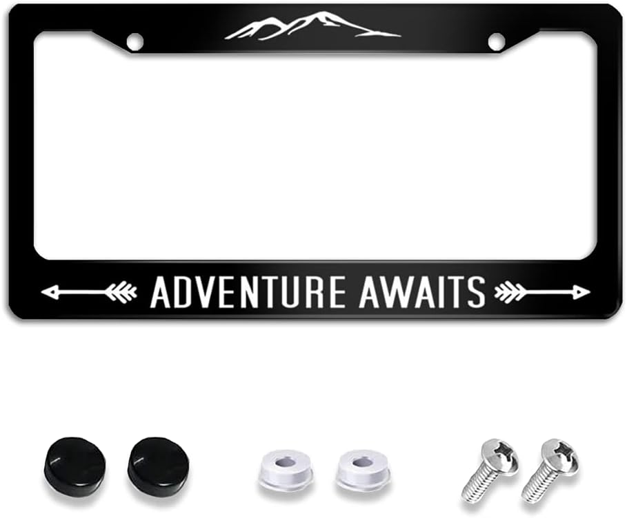 Funny License Plate Frame with Humor Texts Adventure Awaits Stainless Steels Black Car Tag Holder with 2 Holes and Screws 12 x 6 Inch Decoration for US Vehicles Standard for Women Men