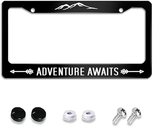 Marco de matrícula divertido con textos de humor "La aventura te espera" de acero inoxidable negro para etiqueta de coche con 2 agujeros y
