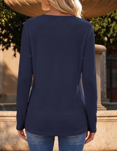 Zeagoo Womens Tops Long Sleeve Womens Shirts Fall V Neck Blouses 2026 Waffle Knit Tunics Tops for Women L Dark Blue — view 3