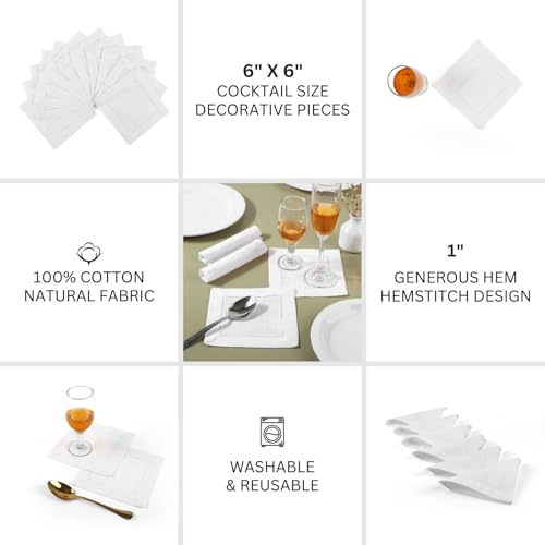 Image of Fingercraft Cotton Cocktail Napkins 6x6 Inches - Set of 12 Reusable Cloth Beverage Coasters with Elegant Ladder Hemstitch - Perfect for Parties, Bars & Home Use (White Slub)