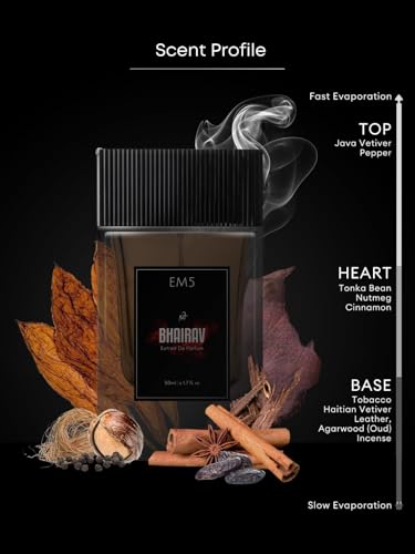 Image of EM5 Bhairav Extrait De Parfum (36%) Spray for Men | Dark, Animalic, Smoky, T0b@cco, Leather, Oud Fragrance | Raw, Unapologetic, Untamed Scent | Strong & Long Lasting Perfume | Gift For Men | 50ml