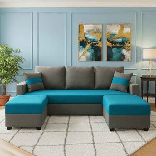 Image of Furny Aurland 3 Seater Fabric Sofa Set with 2 Ottomans (Aqua Blue-Dark Grey) | Soft Velvet Fabric | Modern Design | Comfortable Seating | Living Room Furniture