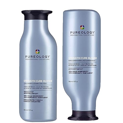 Pureology Strength Cure Blonde Purple Shampoo & Conditioner Duo Set, Restore & Tone for Brassy Blonde Hair, Vegan Formulas, Sulphate Free for a Gentle Cleanse 266ml