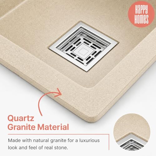 Image of Happy Homes Quartz Sink For Kitchen 24x18x9 INCH - Ivory Granite Kitchen Sink With Waste coupling & PVC Pipe | Smooth Finish, UV Protected, Top & Under Mount- 10 Years warranty