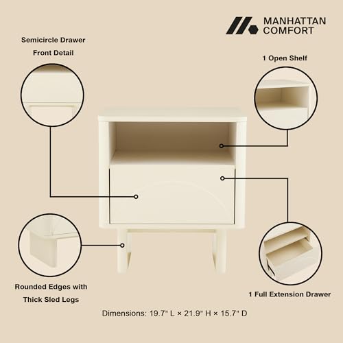 Manhattan Comfort Ella Scandinavian Nightstand with Handle-Free Arched Drawer with Open Shelf Cubby, Rounded Edges and Sled Legs, Modern Accent Bedside End Table for Bedroom & Living Room in Cream by Manhattan Comfort - Used condition - Image 4