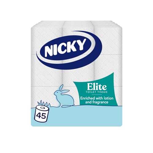 Nicky Elite Scented Toilet Tissue - 45 Rolls of White Toilet Paper, 168 Sheets per Roll, 3-ply, Talc Scent, Softness to The Skin, Enriched with Lotion, 100% FSC Certified Paper, Extra Value Pack