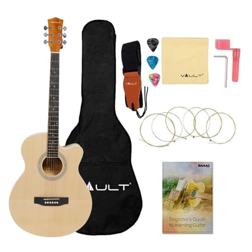 Image of VAULT EA20 Basswood Guitar Kit With Learn To Play E-Book, Bag, Strings, Straps, Picks, String Winder & Polishing Cloth - 40 Inch Cutaway Acoustic Guitar - Natural