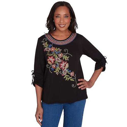 Top en coton et polyester noir Alfred Dunner Harvest Moon brodé femme XL