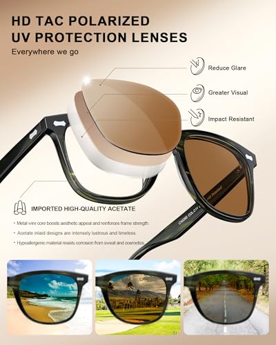 Image of CARFIA Thick Polarized Sunglasses for Men UV400 Protection, Retro Square Hand-crafted Acetate Driving Shades CA5356
