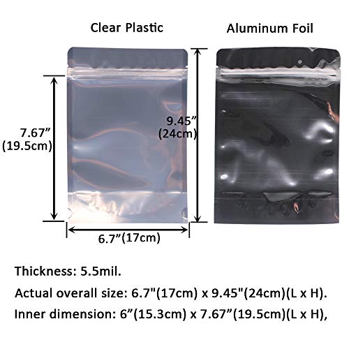 Belinlen 100 Pack 6.7 x 9.45 Inch Stand Up Pouch Bags Zipper Mylar Bags Clear Front with Aluminum Foil Back Reusable Food Storage Bags for Multipurpose with Gusset Bottom(5.5mil Thickness)