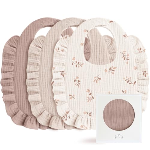 Image of Konssy Muslin Baby Bibs for Girls – Soft 100% Cotton Drool Bibs, Ruffle Trim for Newborns & Toddlers 0-36 Months 3-Pack