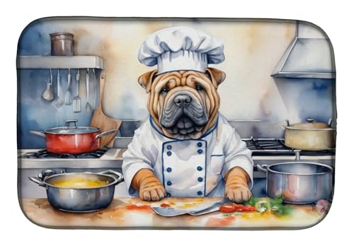 Caroline's Treasures DAC6324DDM Shar Pei The Chef Dish Drying Mat Absorbent Dish Drying Mat Pad for Kitchen Counter Dish Drainer Mat for Countertop, 14 x 21", Multicolor