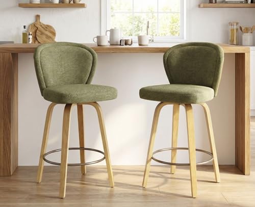 Image of HNY Swivel Counter Height Bar Stools Set of 2, 26 Inch Barstools with Wooden Leg and Back, Modern Chenille Upholstered Counter Stools for Kitchen Island, Green