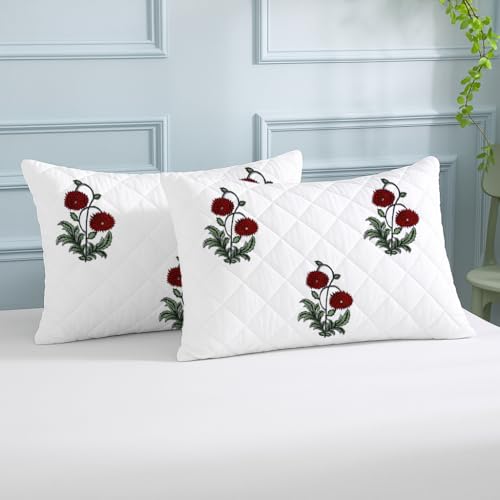 Image of LINENWALAS Block Printed Cotton Quilted Pillow Cover - Set of 4 | Ultra-Soft, Cooling & Breathable | Skin & Hair Friendly|Zipper Closure |Sweat-Absorbent & Hypoallergenic (20x36 Inches, Ruby Flora)