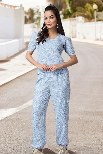 Image of POPWINGS Casual Printed Top and Joggers Co-Ord Set for Women || Stylish Summer Co-Ords Set for Women || Round-Neck Top and Joggers Combo Set for Women