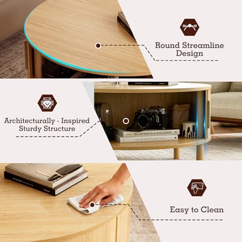 Image of ZttRiee Round Coffee Table with Sliding Doors, Modern, Natural | O30.0 inchD x 16.3 inchH, 200 lbs capacity, dual sliding-door storage, ~45 min assembly.