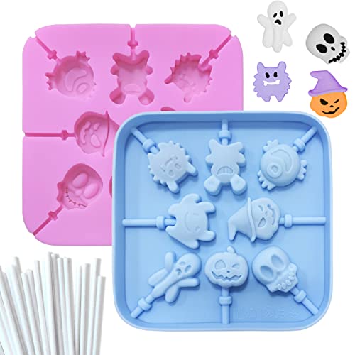 2pcs Halloween Mold,Halloween Silikon Schokoladen Lutscherform,DIY Süßigkeiten Schimmel Werkzeug für Cupcakes, Süßigkeiten, Gelee und Schokolade(blue,pink)