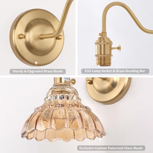 Image of Shenmoyl Battery Operated Wall Sconce Set of 2, Vintage Rechargeable Wall Lights with Amber Lily Glass Shade, Wireless Indoor Wall Lamp with Remote for Bedroom Living Room Bathroom
