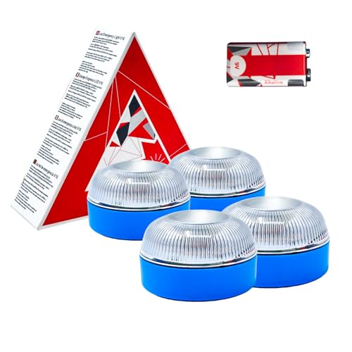 MAGIC SELECT 4X Luz Emergencia V16 para Señalización en Carretera de Coche y Moto. Luz Amarilla Intermitente, Base Imantada y Pila 9V 6LR61 Incluida.