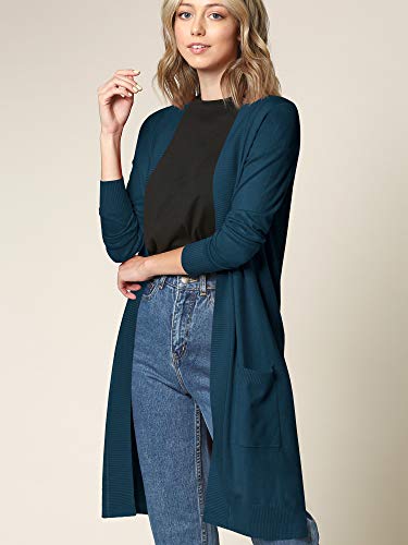 Image of Long Knit Cardigan with Pocket: Open Front, Long Sleeve, Solid Teal by Made By Johnny