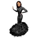 Mermaid Sequin Prom Dress High Neck Long Sleeve Evening Prom Gown Feather Celebrity Engagement Bride Bridesmaids Dresses Black